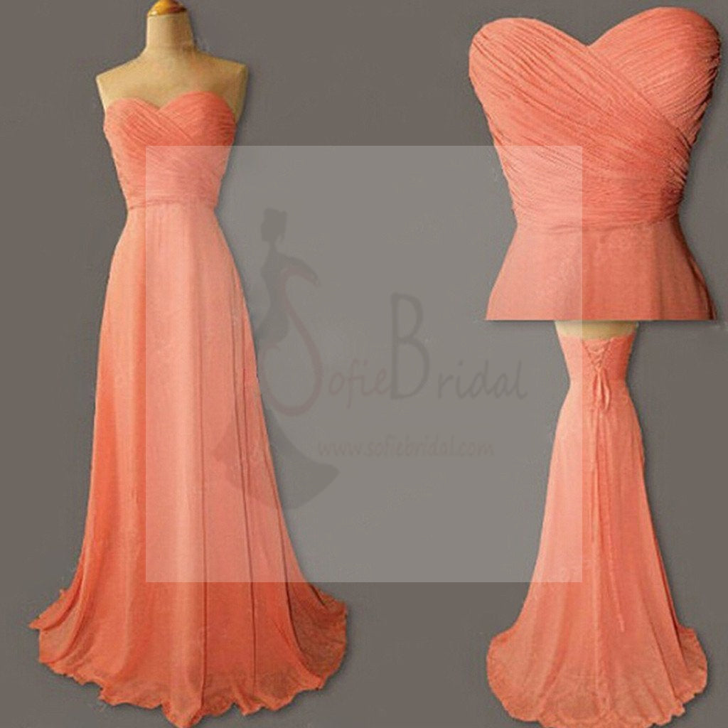Junior Simple Sweetheart Chiffon Coral Lace Up Back Long Cheap Bridesmaid Dresses