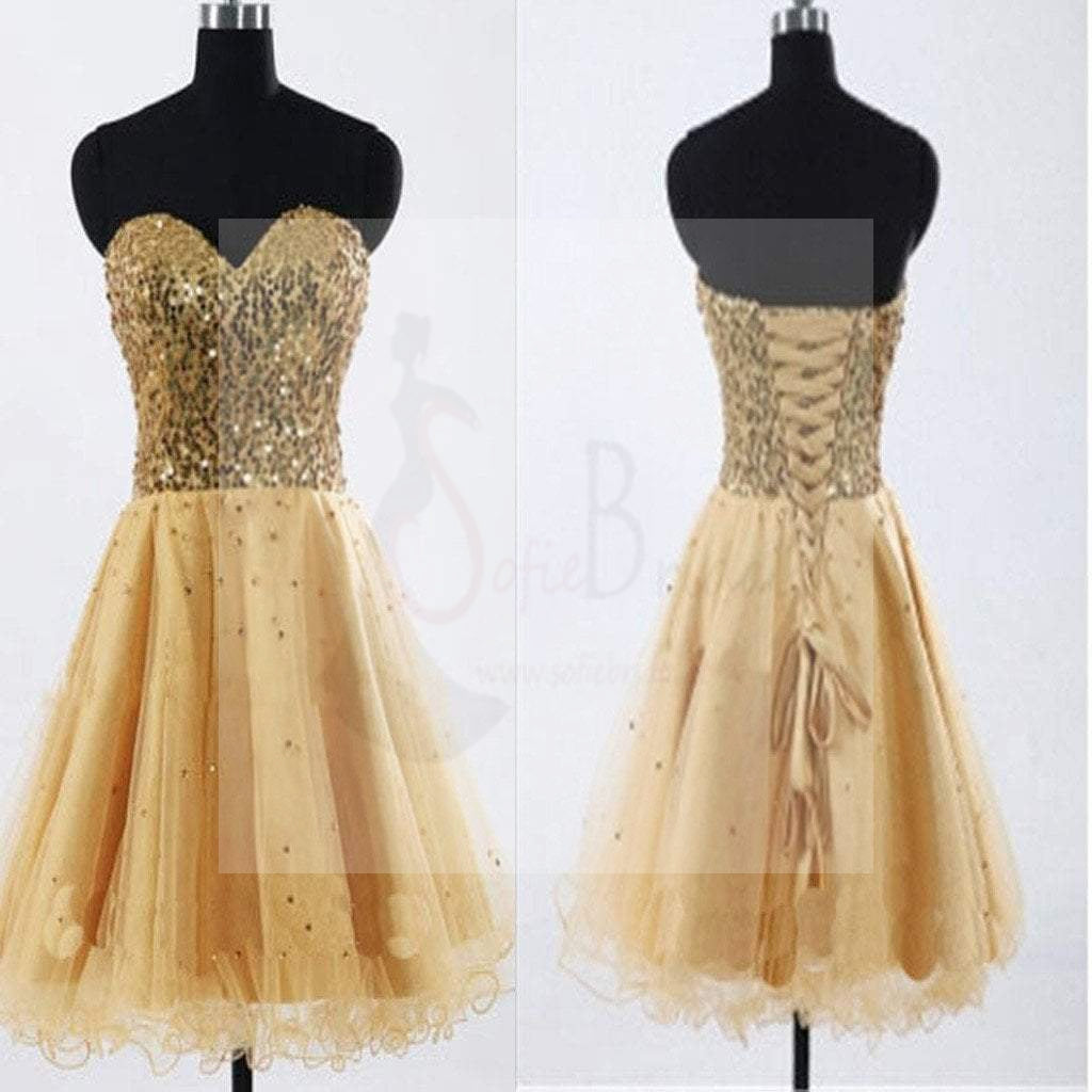 Sweetheart Lace Up Gold Sequin Organza Homecoming Prom Dresses, SF0065
