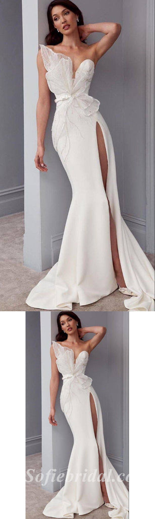 Elegant White Satin Sweetheart Sleeveless Side Slit Mermaid Long Prom Dresses With Belt,SFPD0430