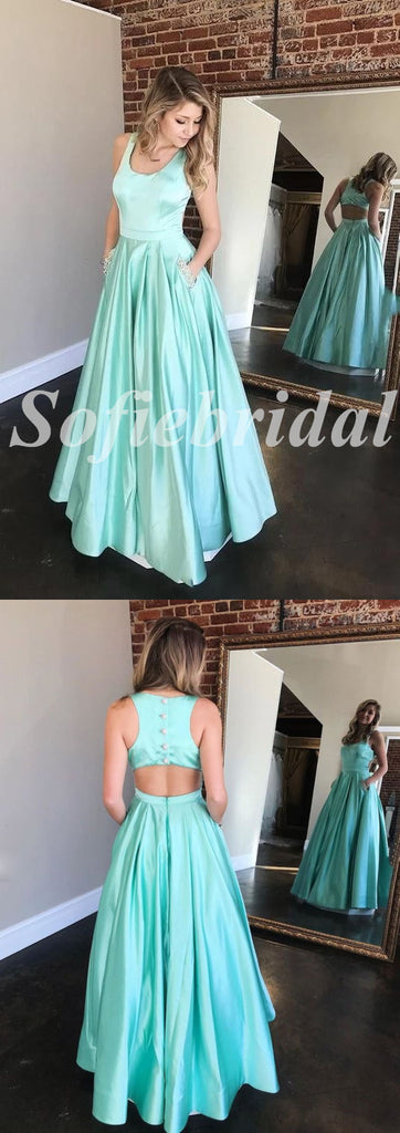 Sexy Satin Spaaghetti Straps sleeveless A-Line Long Prom Dresses With Pocket, PD0828