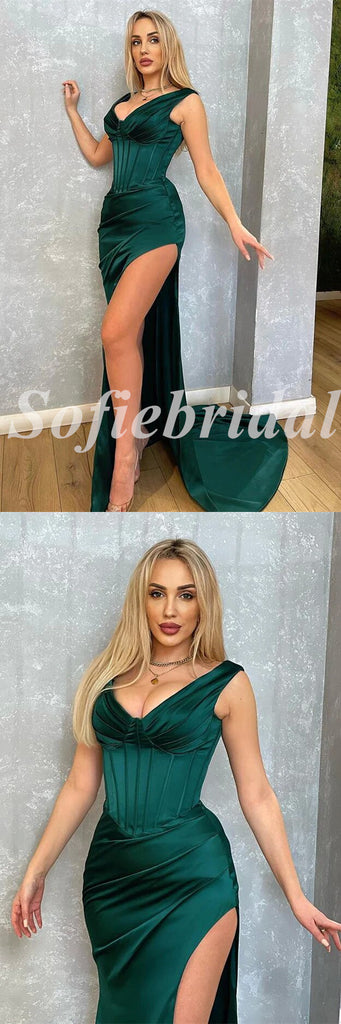 Sexy Satin Spaghetti Straps V-Neeck Sleeveless Side Slit Mermaid Long Prom Dresses,PD0803
