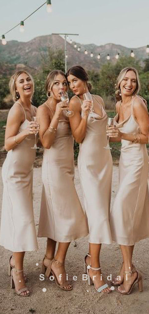 Simple Sheath Spaghetti Straps Tea Length Bridesmaid Dresses With Pleats,SFWG0019