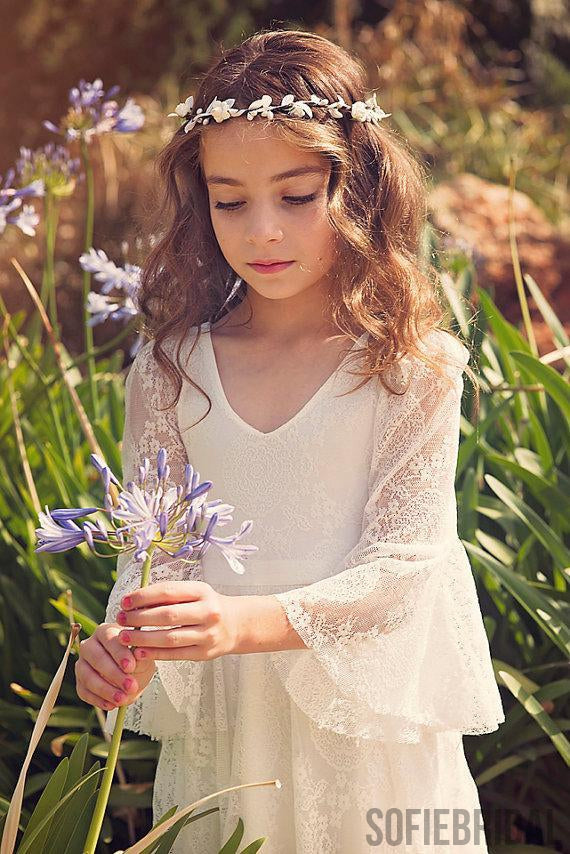 Boho Long Sleeve A-line Lace Flower Girl Dresses, Lovely Little Girl Dresses, FG063