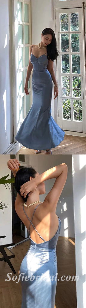 Sexy Satin Spaghetti Sptraps V-Neck Sleeveless Criss Cross Mermaid Long Prom Dresses,SFPD0507