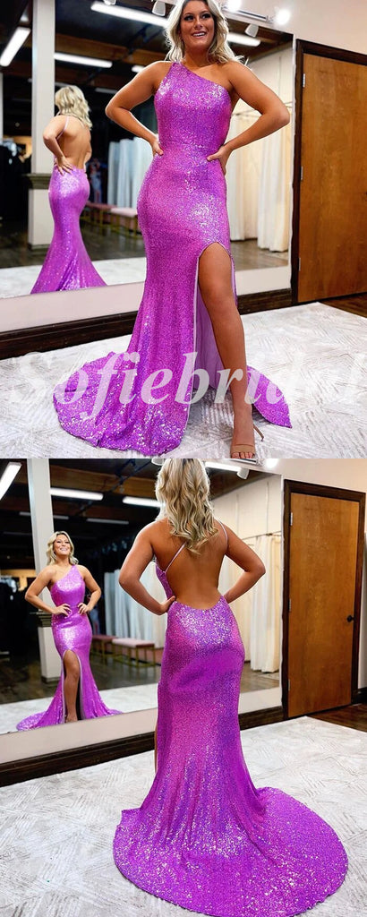 Sexy Sequin One Shoulder Sleeveless Side Slit Mermaid Long Prom Dresses,PD0801