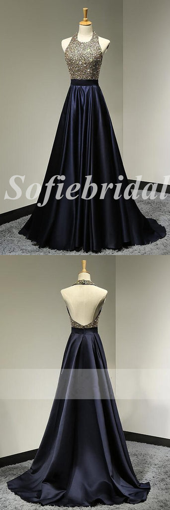 Sexy Sequin And Satin Halter Sleeveless Backless A-Line Long Prom Dresses, PD0858