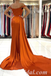 Sexy Burnt-Orange Satin Off Shoulder Side Slit Mermaid Long Prom Dresses With Trailing,SFPD0480