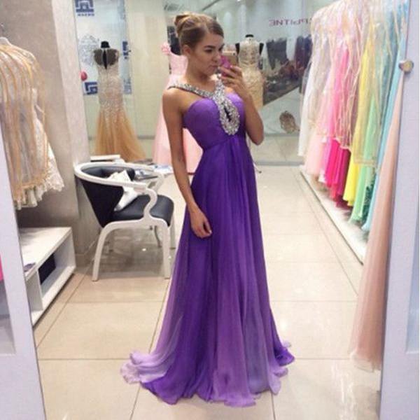 Gorgeous Purple Rhinestone Long A-line Shiny High Waist Prom Dresses, PD0290