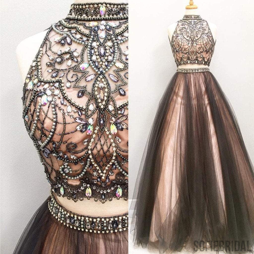 2 pieces Rhinestone Beaded Tulle Prom Dresses, Popular Affordable Long Prom Dresses, PD0318