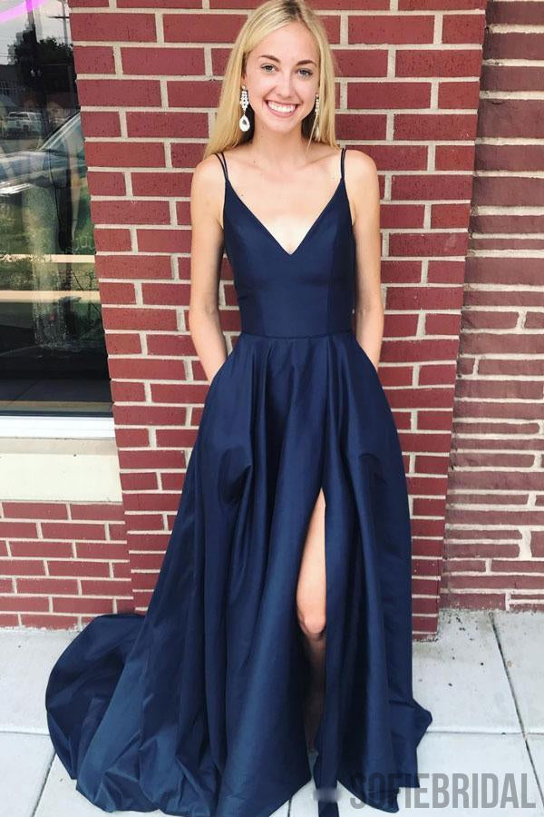 Newest Dark Blue Backless Prom Dresses With Split, PD0990