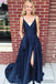 Newest Dark Blue Backless Prom Dresses With Split, PD0990