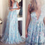 V-neck Sleeveless Blue tulle Appliques Prom Dresses, Affordable Long A-line Prom Dress, PD0325