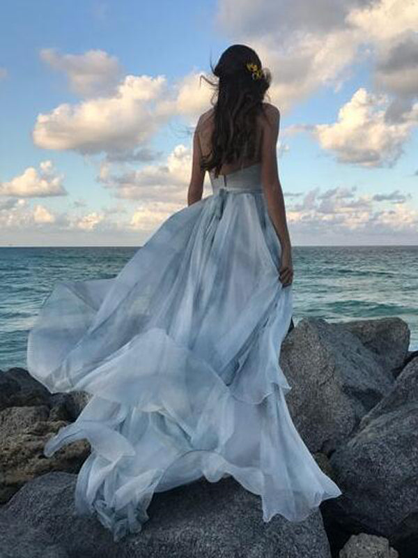 Unique Spaghetti V-neck Print Chiffon Long A-line Real Made Prom Dresses, PD0286