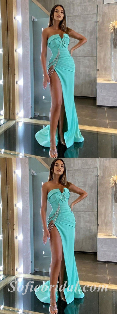 Sexy Satin Sweetheart V-Neck Sleeveless Side Slit Mermaid Long Prom Dresses,SFPD0536