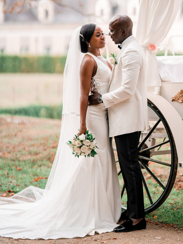 Charming V-neck Mermaid Wedding Dresses With Train,WD0216