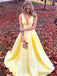 Simple Cheap V-neck Yellow Long Satin Prom Dresses, PD0081
