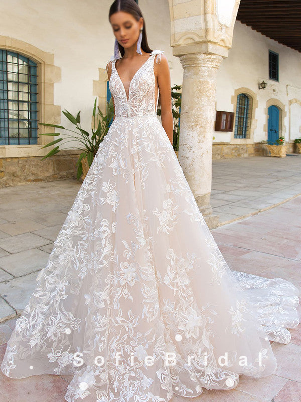 A-Line V-Neck Sleeveless Lace Long Wedding Dresses,SFWD0001