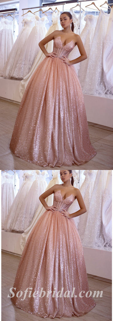 Sexy Shiny Pink Sequin Tulle Sweetheart V-Neck Sleeveless A-Line Long Prom Dresses,SFPD0548