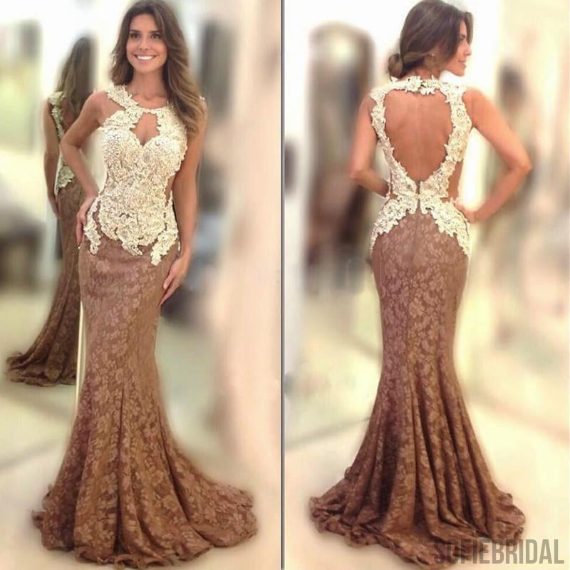 New Arrival sexy Brown Mermaid Open Back Lace Long Prom Dresses, PD0282
