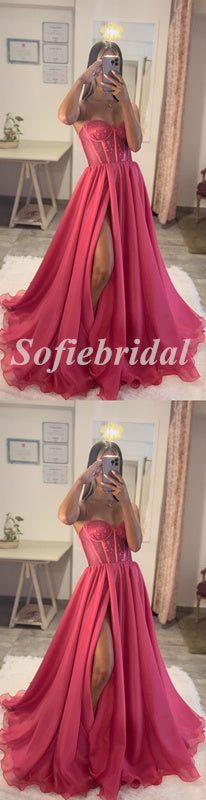 Sexy Spaghetti Straps V-Neck Sleeveless Side Slit A-Line Long Prom Dresses,PD0814