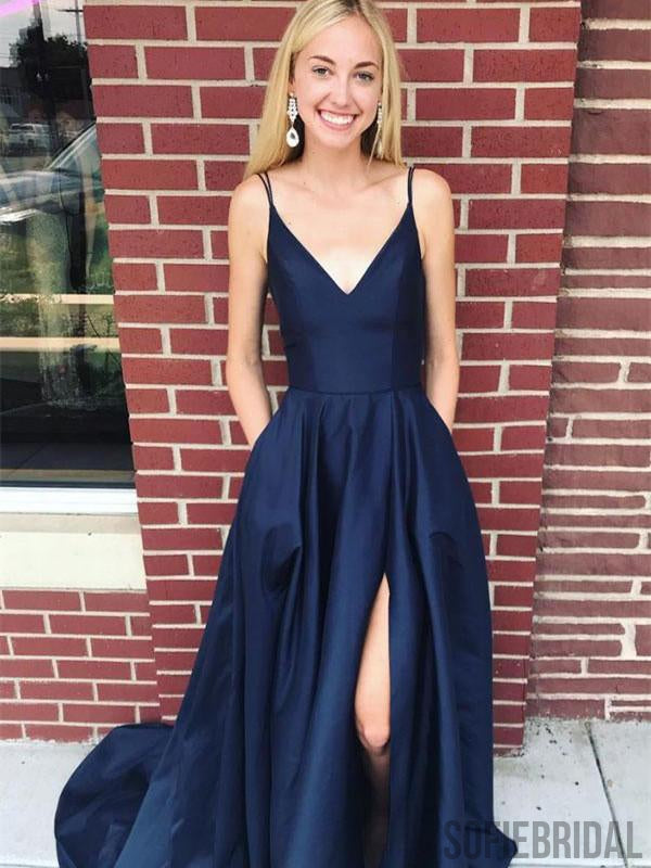 Newest Dark Blue Backless Prom Dresses With Split, PD0990