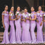 Purple Crepe And Lace Off The Shoulder Mermaid Floor Length Bridesmaid Dressses, SFWG00445
