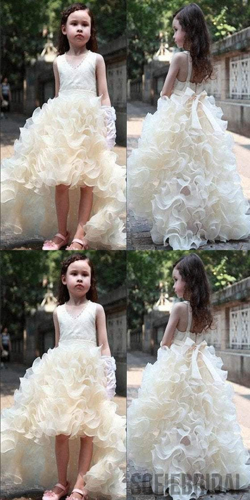 V-neck Hi-low Ivory Flower Girl Dresses, Cute Cheap Tutu Dresses, FG014