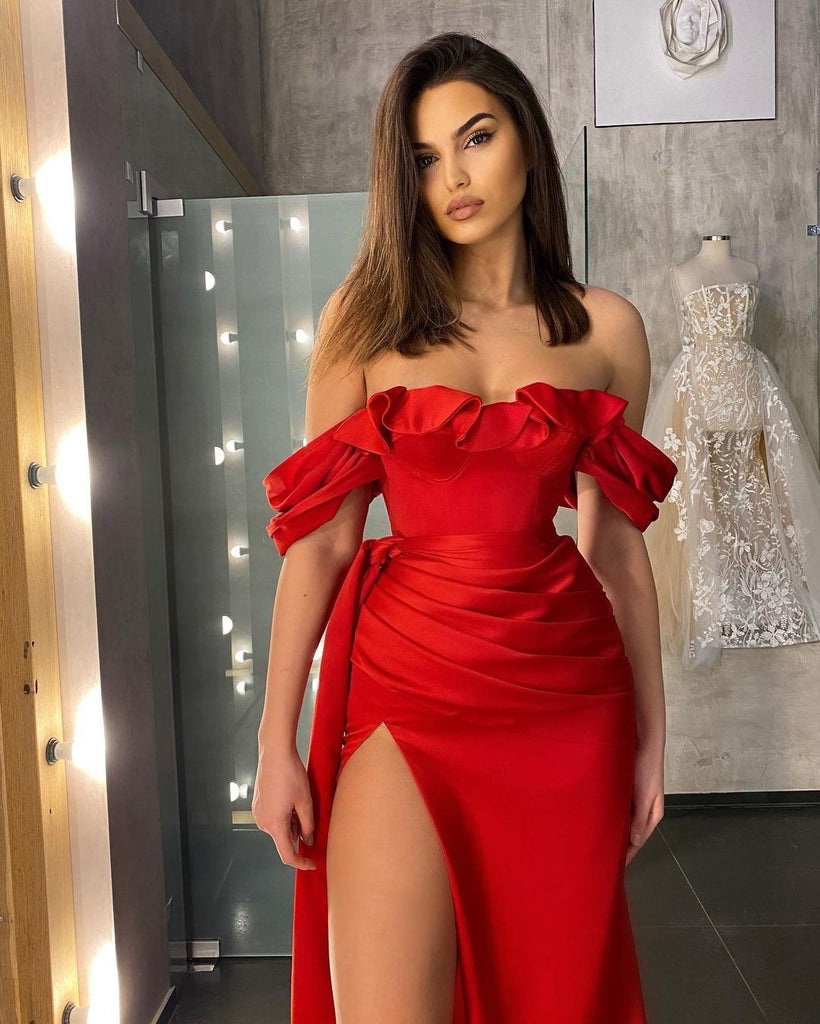 Simple Sweetheart Red Mermaid Side Slit Long Prom Dresses,SFPD0143