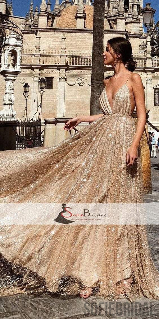 Spaghetti Deep V-neck A-line Sequin Tulle Prom Dresses, Gorgeous Sparkle Prom Dresses, PD0455