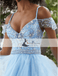 Light Blue Off Shoulder Rhinestone Beaded Tulle Prom Dresses, Lovely Prom Dresses, PD0416