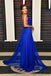 A-line V-neck Backless Royal Blue Chiffon Prom Dresses, PD0052