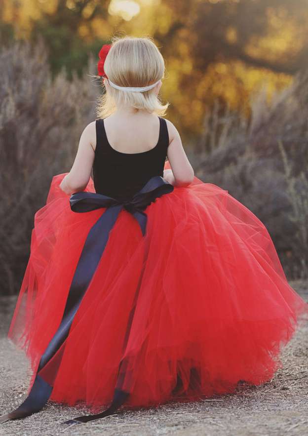 A-line Sleeve Scoop Neck Long Red Tulle Flower Girl Dresses, FG0112