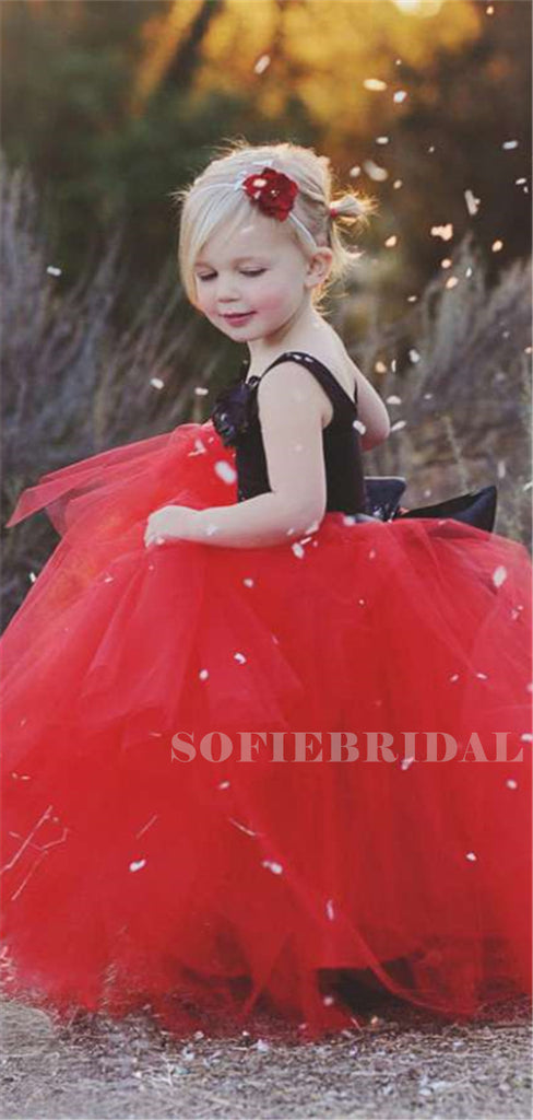 A-line Sleeve Scoop Neck Long Red Tulle Flower Girl Dresses, FG0112