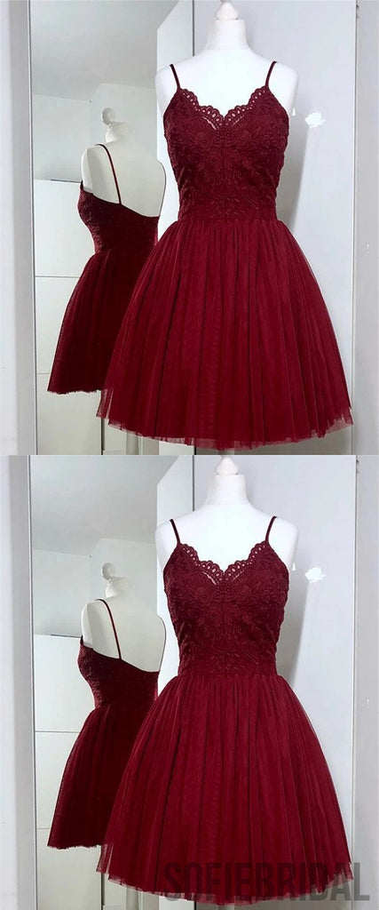 A-Line Spaghetti Strap Lace Appliques Top Tulle Homecoming Dress, HD0173