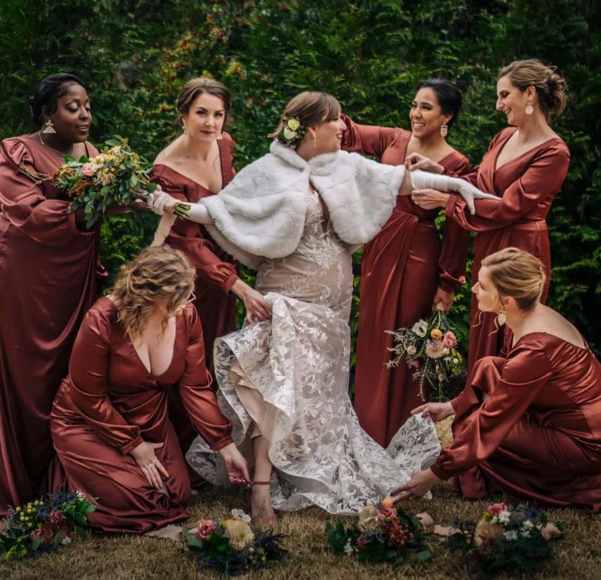 Rust Satin V-Neck Long Sleeves Column Floor Length Long Bridesmaid Dresses, SFWG00420