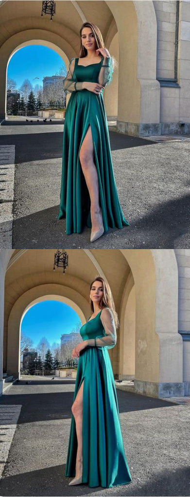 Green Satin Long Sleeves Side Slit Long Bridesmaid Dresses, SFWG00422