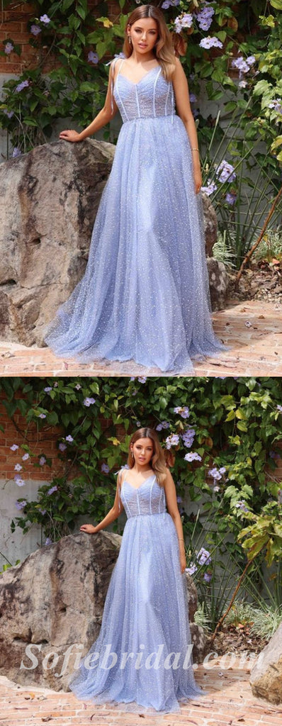 Elegant Blue Special Tulle Spaghetti Straps V-Neck Sleeveless A-Line Long Prom Dresses,SFPD0531