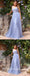 Elegant Blue Special Tulle Spaghetti Straps V-Neck Sleeveless A-Line Long Prom Dresses,SFPD0531