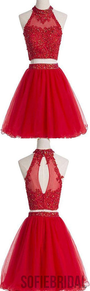 Two Pieces High Neck Beaded Open Back Homecoming Prom Dresses, SF0059