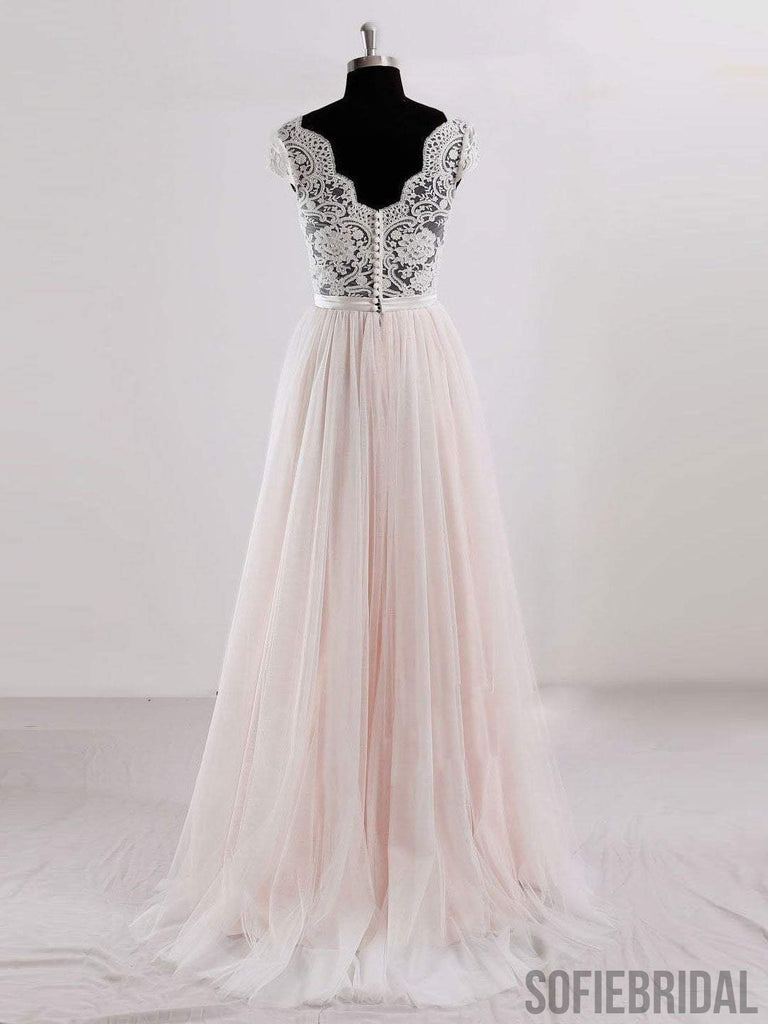 Cap Sleeves V Neck See Through A-line Cheap Wedding Dresses Online, WD342