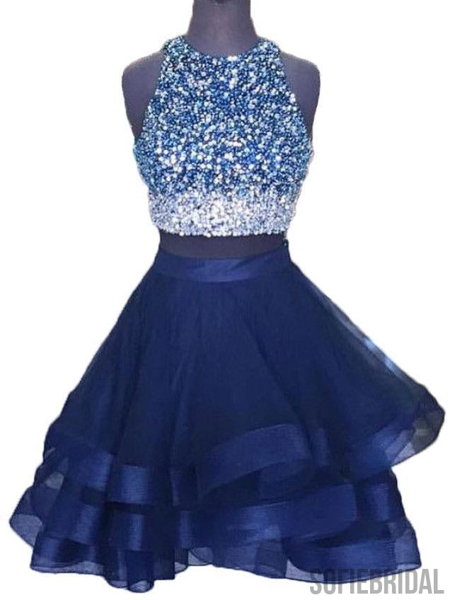 2 Pieces Beaded Tulle Homecoming Dresses, Open Back Homecoming Dresses, Homecoming Dresses, SF0123