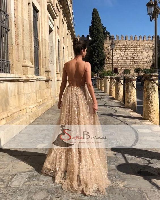 Spaghetti Deep V-neck A-line Sequin Tulle Prom Dresses, Gorgeous Sparkle Prom Dresses, PD0455