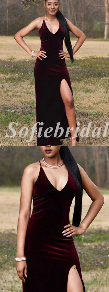 Sexy Velvet Spaghetti Straps V-Neck Sleeveless Side Slit Mermaid Long Prom Dresses,PD0773