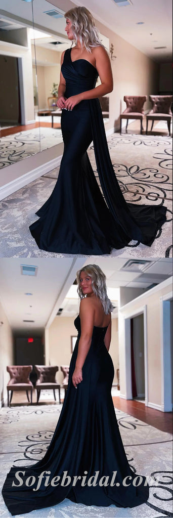 Sexy Satin One Shoulder Mermaid Long Prom Dresses With Trailing,SFPD0475