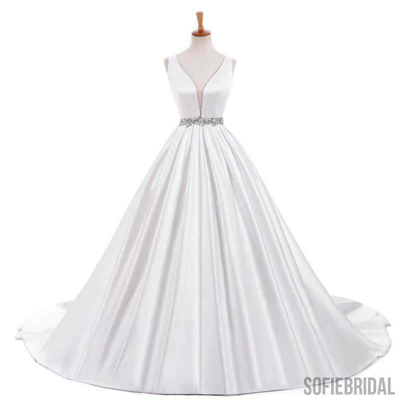 V-neck Elegant Simple Design White Satin A-line Beaded Belt Wedding Dresses, WD0240