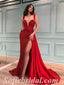 Sexy Red Sequin Satin Spaghetti Straps V-Neck Sleeveless Side Slit Mermaid Long Prom Dresses/Evening Dresses,SFPD0364