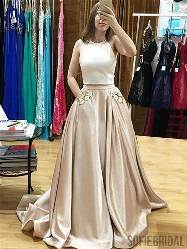 Halter Two-Pieces Simple Stain Prom Dress With Pocket, PD0998