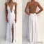 Sexy Deep V-Neck Spaghetti White Chiffon Side Slit Long Prom Dresses, PD0565