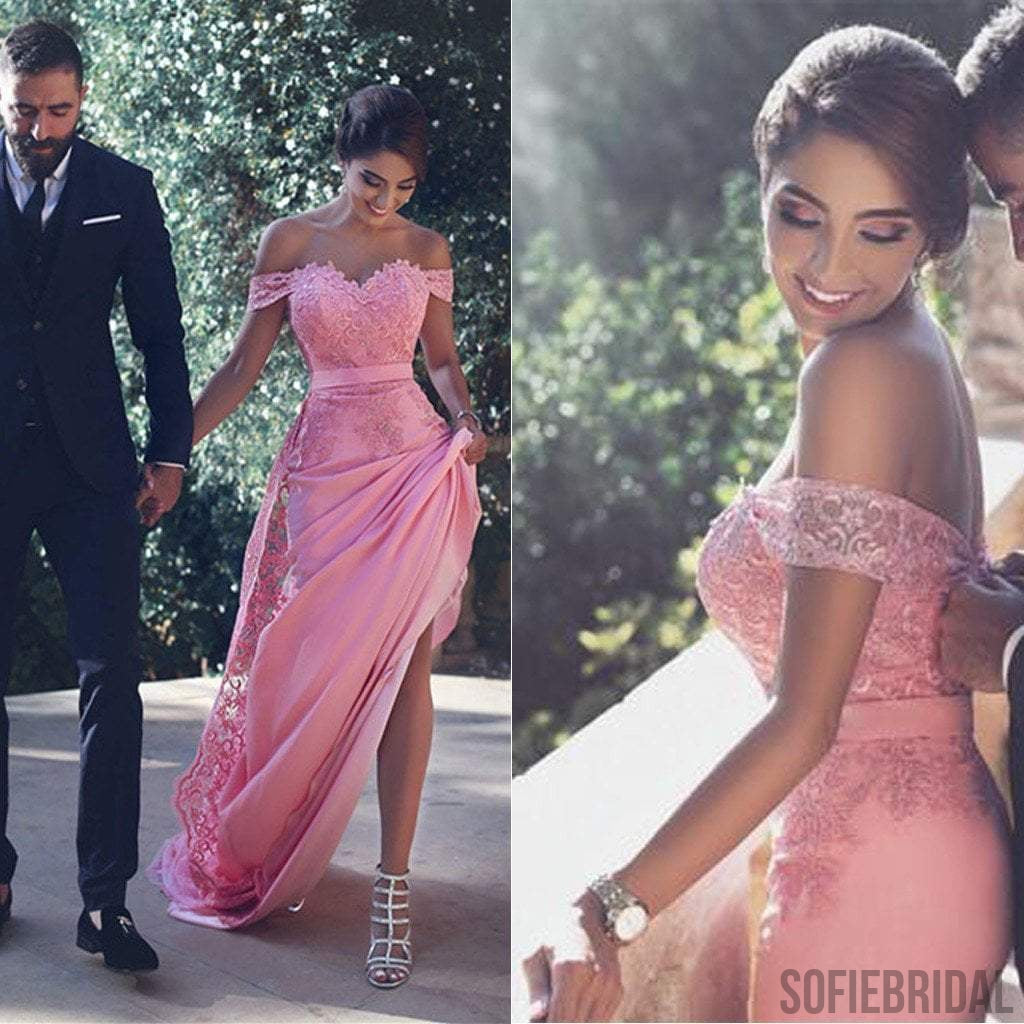 Off Shoulder Lace Hot Pink Soft Satin Long Prom Dresses, PD0540