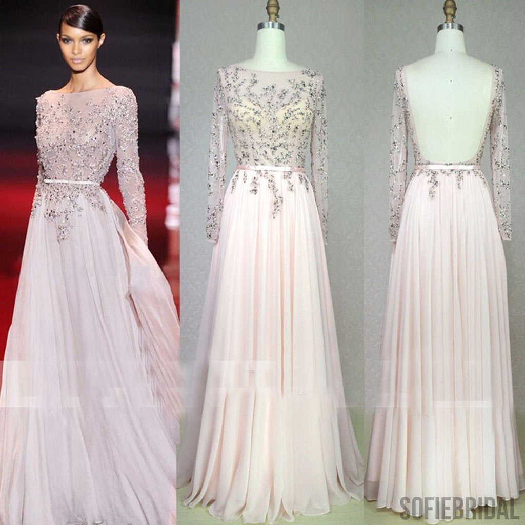 Scoop Neckline, Beaded See Through Backless Long A-line Pale Pink Chiffon Prom Dresses, PD0562